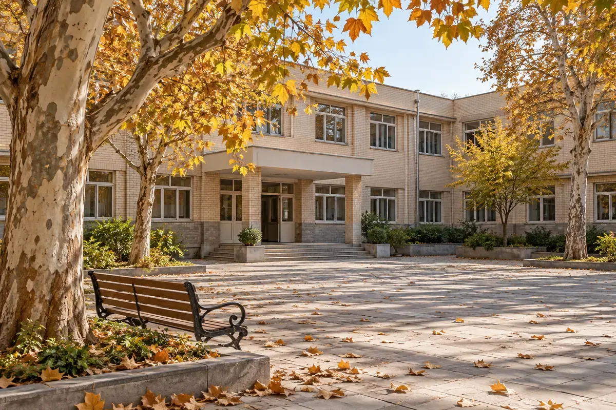تصویر نمادین حیاط مدرسه با درختان و برگهای پاییزی
