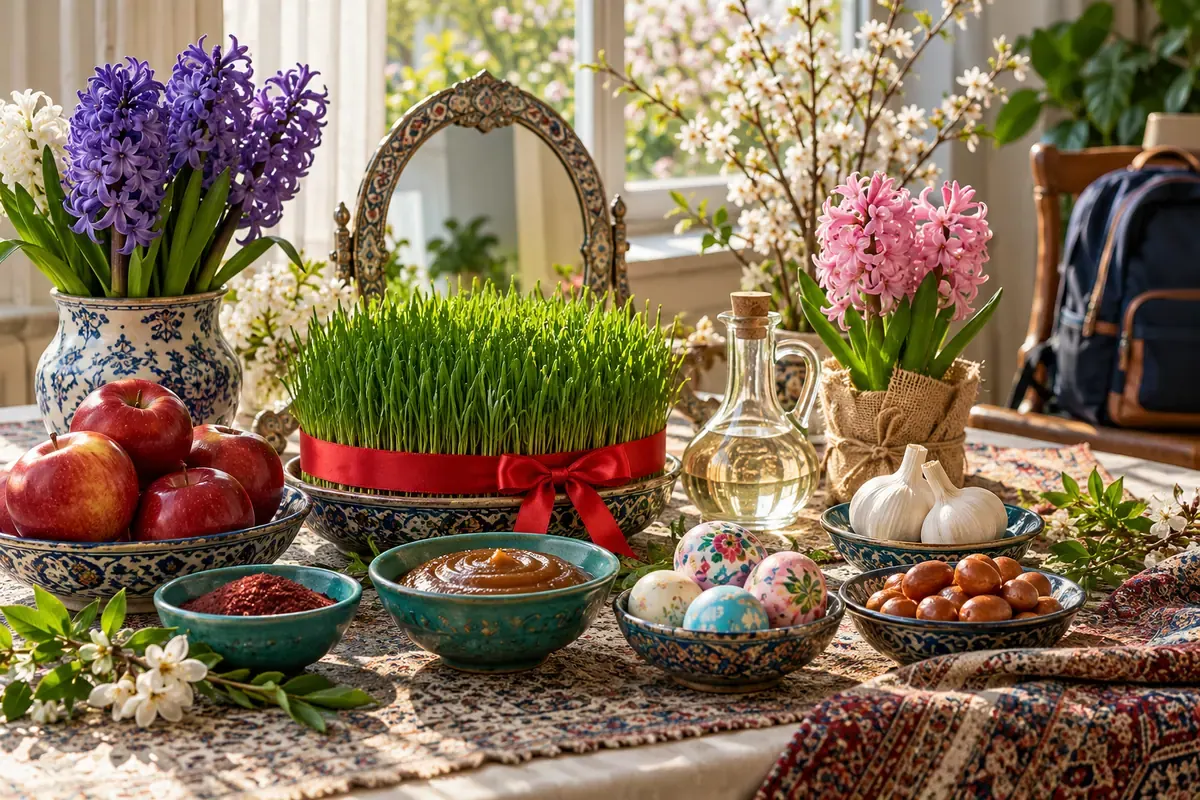 سفره هفتسین و کیف مدرسه در فضای بهاری خانه